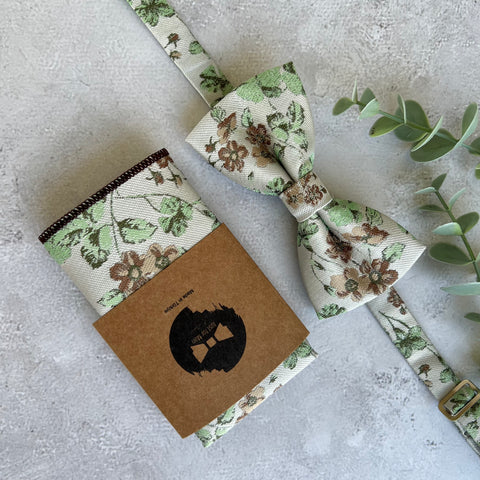 Sage Green Floral Bow Tie on Cream, Rustic Groomsmen Wedding Accessories