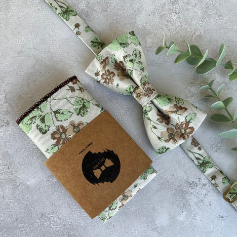 Sage Green Floral Bow Tie on Cream, Rustic Groomsmen Wedding Accessories
