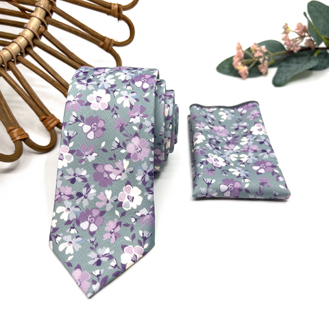 Floral Purple Lilac Neck Tie on Soft Mint Green Backround – Wedding & Groomsmen Tie