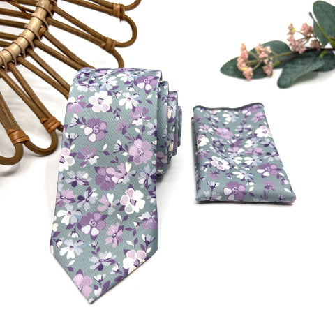 Sage Green Purple Floral Tie Set, Mens Wedding Necktie and Pocket Square, Groomsmen Boho Tie, Dusty Green Floral Necktie