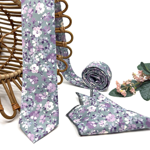 Sage Green Purple Floral Tie Set, Mens Wedding Necktie and Pocket Square, Groomsmen Boho Tie, Dusty Green Floral Necktie