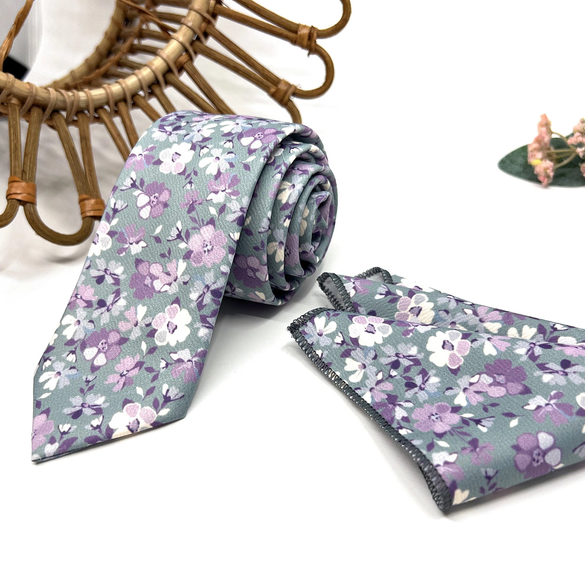 Sage Green Purple Floral Tie Set, Mens Wedding Necktie and Pocket Square, Groomsmen Boho Tie, Dusty Green Floral Necktie