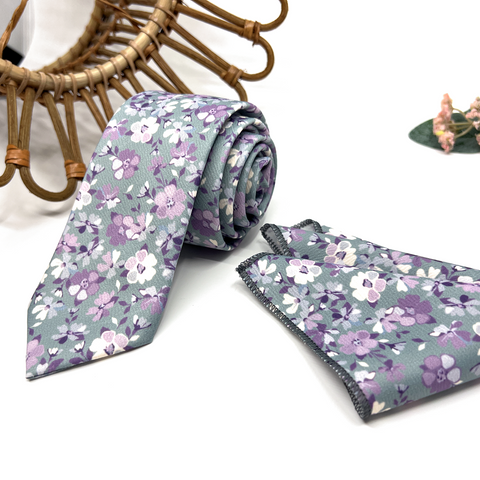 Floral Purple Lilac Neck Tie on Soft Mint Green Backround – Wedding & Groomsmen Tie