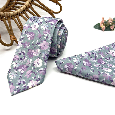 Sage Green Purple Floral Tie Set, Mens Wedding Necktie and Pocket Square, Groomsmen Boho Tie, Dusty Green Floral Necktie