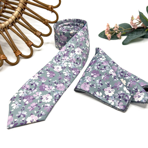 Sage Green Purple Floral Tie Set, Mens Wedding Necktie and Pocket Square, Groomsmen Boho Tie, Dusty Green Floral Necktie
