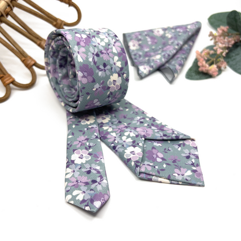 Floral Purple Lilac Neck Tie on Soft Mint Green Backround – Wedding & Groomsmen Tie