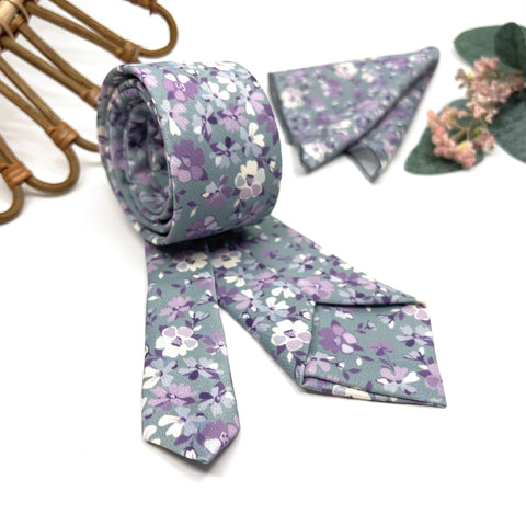 Sage Green Purple Floral Tie Set, Mens Wedding Necktie and Pocket Square, Groomsmen Boho Tie, Dusty Green Floral Necktie