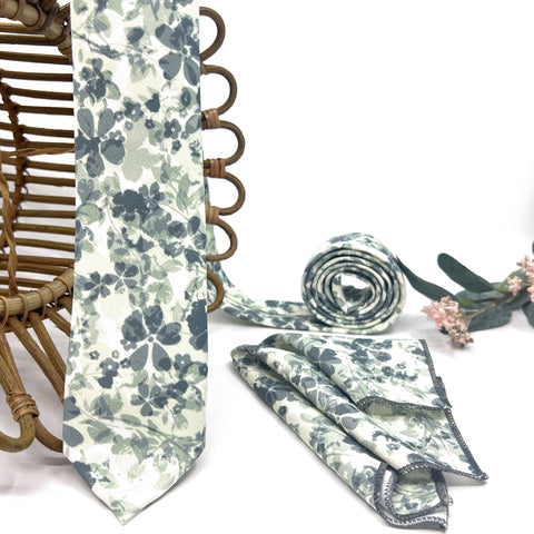 Floral Dusty Sage Green Wedding Neckties and Pocket Square Set