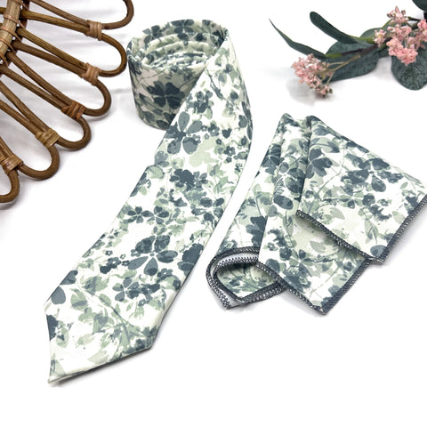 Floral Dusty Sage Green Wedding Neckties and Pocket Square Set
