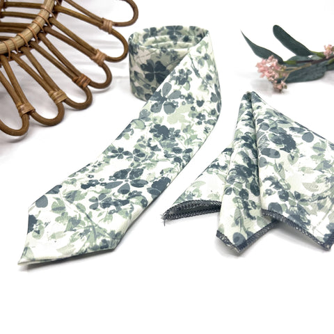 Floral Dusty Sage Green Wedding Neckties and Pocket Square Set