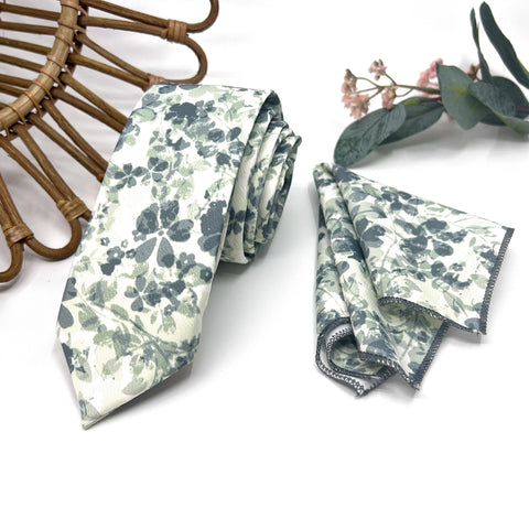 Floral Dusty Sage Green Wedding Neckties and Pocket Square Set