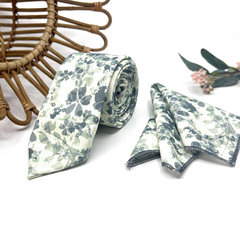 Floral Dusty Sage Green Wedding Neckties and Pocket Square Set