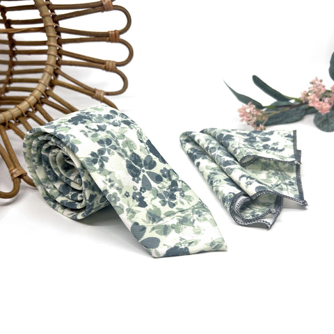Floral Dusty Sage Green Wedding Neckties and Pocket Square Set