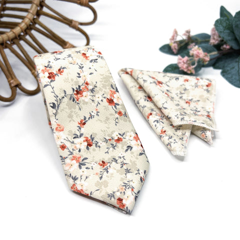 Beige Burnt Orange Floral Tie Set, Mens Wedding Necktie and Pocket Square, Rustic Groomsmen Tie, Cream Floral Necktie