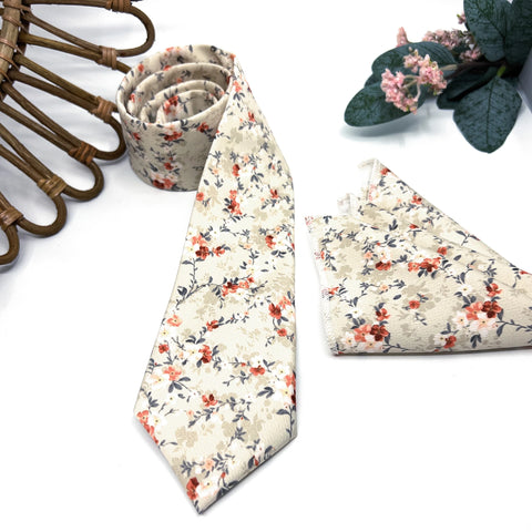 Beige Burnt Orange Floral Tie Set, Mens Wedding Necktie and Pocket Square, Rustic Groomsmen Tie, Cream Floral Necktie
