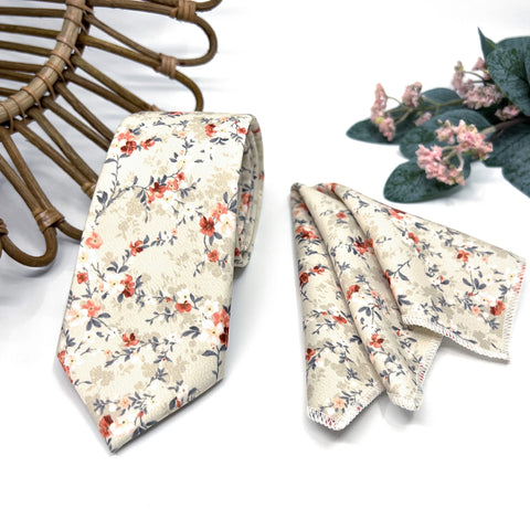 Beige Burnt Orange Floral Tie Set, Mens Wedding Necktie and Pocket Square, Rustic Groomsmen Tie, Cream Floral Necktie