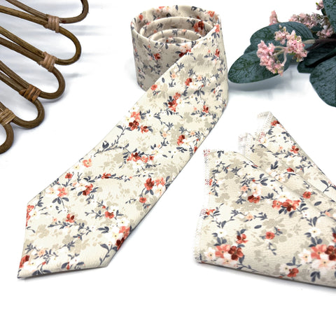 Beige Burnt Orange Floral Tie Set, Mens Wedding Necktie and Pocket Square, Rustic Groomsmen Tie, Cream Floral Necktie