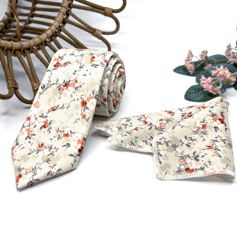 Beige Burnt Orange Floral Tie Set, Mens Wedding Necktie and Pocket Square, Rustic Groomsmen Tie, Cream Floral Necktie
