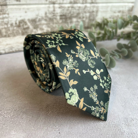 Forest Green Floral Tie, Sage Green Wedding Tie, Groomsmen Tie, Botanical Necktie, Boho Wedding Tie, Mens Floral Tie