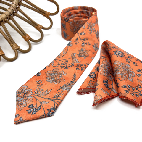 Burnt Orange Floral Tie & Pocket Square Set – Wedding Necktie for Groom & Groomsmen