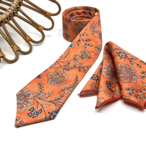 Burnt Orange Floral Necktie Set, Mens Wedding Tie & Pocket Square, Groomsmen Tie, Rustic Boho Necktie