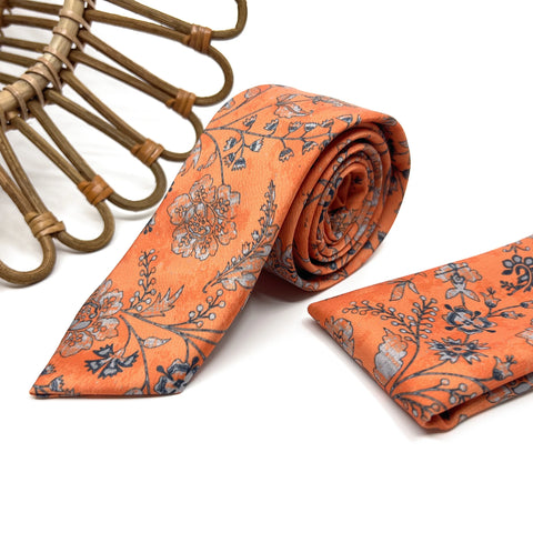 Burnt Orange Floral Necktie Set, Mens Wedding Tie & Pocket Square, Groomsmen Tie, Rustic Boho Necktie