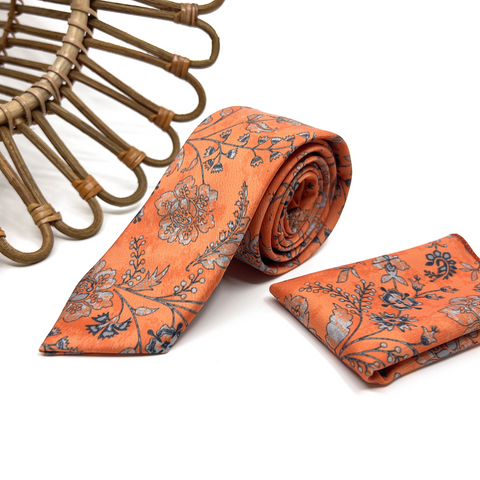 Burnt Orange Floral Tie & Pocket Square Set – Wedding Necktie for Groom & Groomsmen