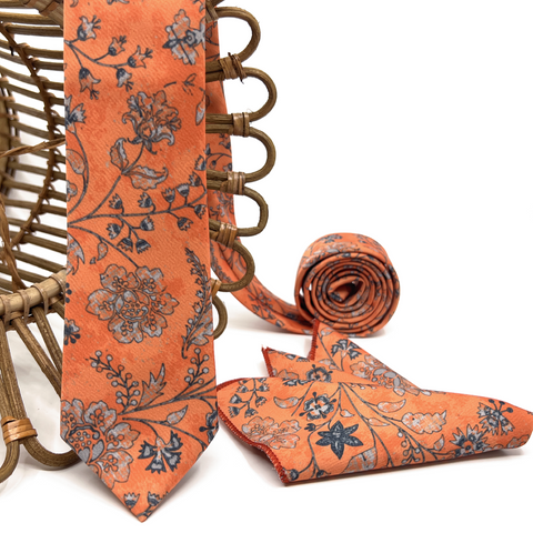Burnt Orange Floral Tie & Pocket Square Set – Wedding Necktie for Groom & Groomsmen