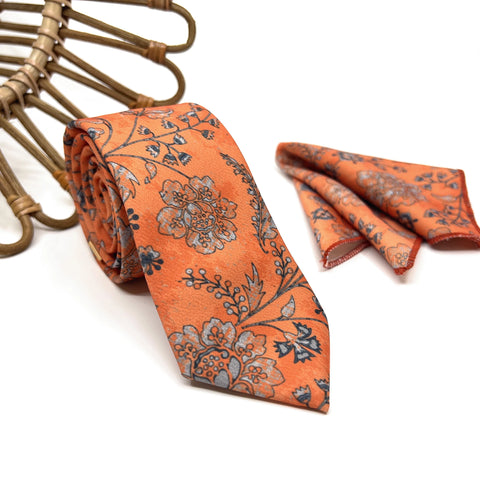 Burnt Orange Floral Necktie Set, Mens Wedding Tie & Pocket Square, Groomsmen Tie, Rustic Boho Necktie