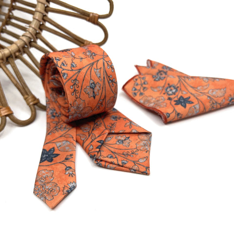 Burnt Orange Floral Necktie Set, Mens Wedding Tie & Pocket Square, Groomsmen Tie, Rustic Boho Necktie