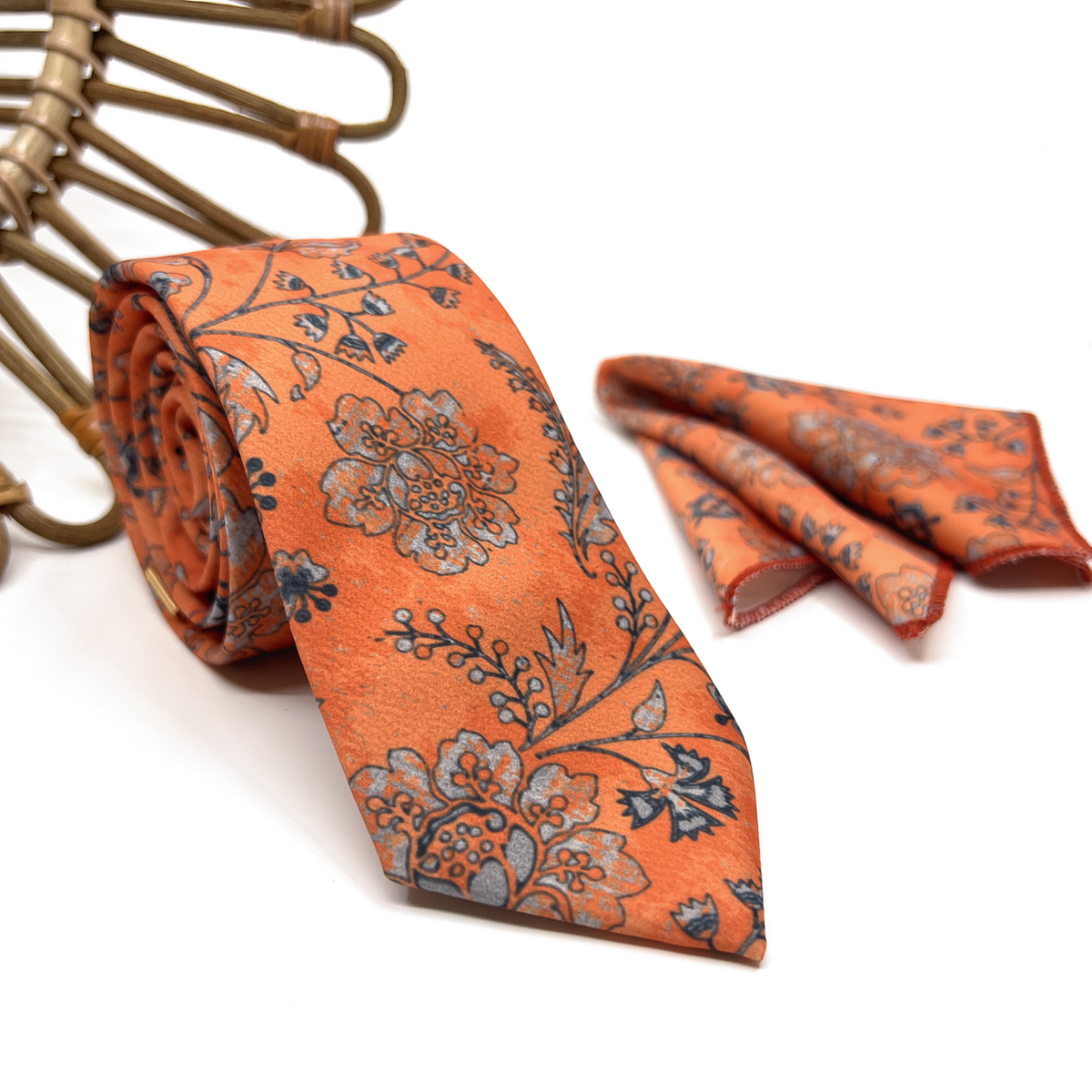 Burnt Orange Floral Tie & Pocket Square Set – Wedding Necktie for Groom & Groomsmen