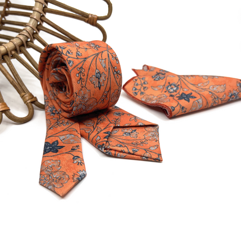 Burnt Orange Floral Tie & Pocket Square Set – Wedding Necktie for Groom & Groomsmen