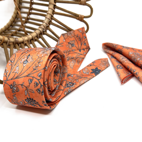 Burnt Orange Floral Tie & Pocket Square Set – Wedding Necktie for Groom & Groomsmen