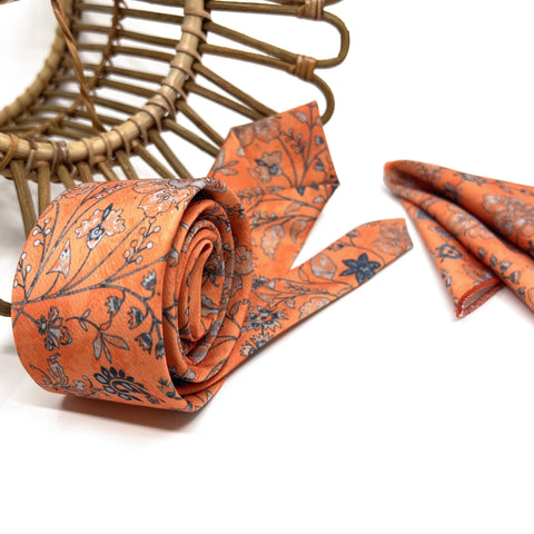 Burnt Orange Floral Necktie Set, Mens Wedding Tie & Pocket Square, Groomsmen Tie, Rustic Boho Necktie