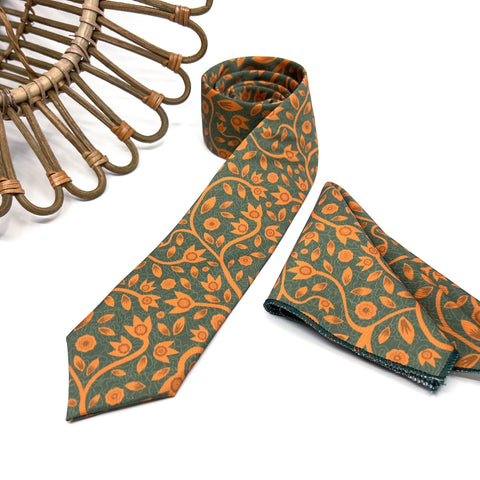 Dark Green Burnt Orange Floral Tie Set, Mens Wedding Necktie and Pocket Square, Rustic Boho Groomsmen Tie, Forest Green Necktie