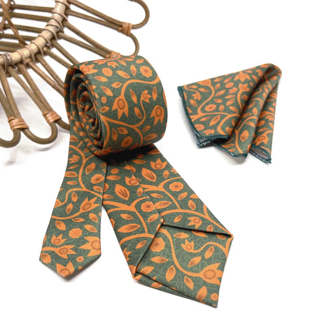 Dark Green Burnt Orange Floral Tie Set, Mens Wedding Necktie and Pocket Square, Rustic Boho Groomsmen Tie, Forest Green Necktie