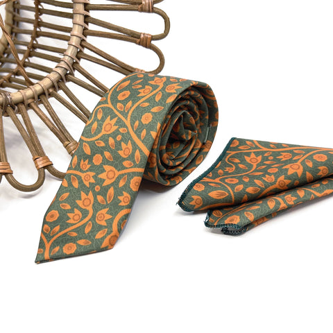 Dark Green Burnt Orange Floral Tie Set, Mens Wedding Necktie and Pocket Square, Rustic Boho Groomsmen Tie, Forest Green Necktie