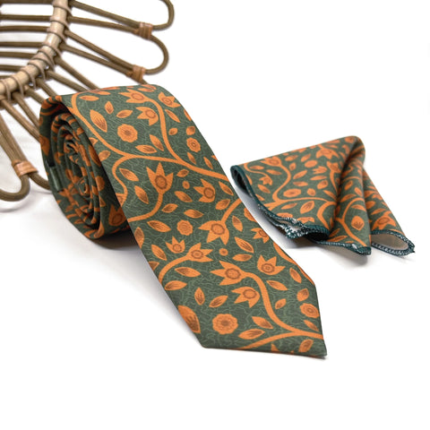 Dark Green Burnt Orange Floral Tie Set, Mens Wedding Necktie and Pocket Square, Rustic Boho Groomsmen Tie, Forest Green Necktie