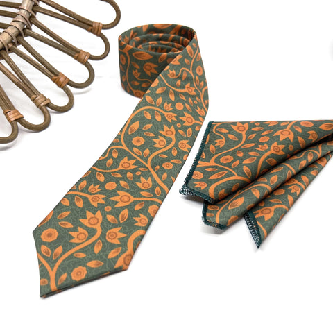 Dark Green Burnt Orange Floral Tie Set, Mens Wedding Necktie and Pocket Square, Rustic Boho Groomsmen Tie, Forest Green Necktie