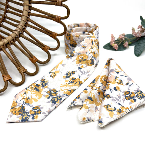 Mustard Floral Tie Set, Mens Wedding Necktie and Pocket Square, Dusty Blue Groomsmen Tie, Ivory Boho Floral Necktie