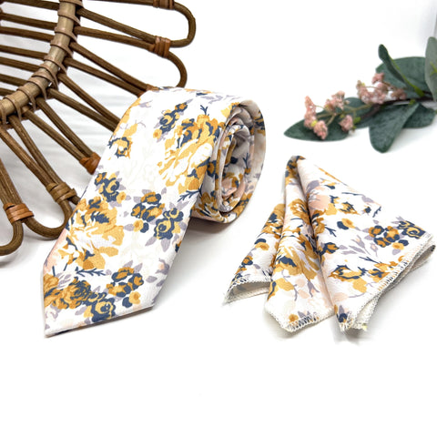 Mustard Floral Tie Set, Mens Wedding Necktie and Pocket Square, Dusty Blue Groomsmen Tie, Ivory Boho Floral Necktie