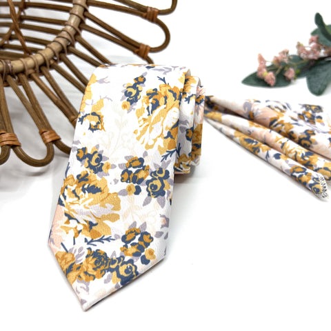 Mustard Floral Tie Set, Mens Wedding Necktie and Pocket Square, Dusty Blue Groomsmen Tie, Ivory Boho Floral Necktie