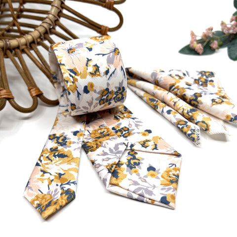 Mustard Floral Tie Set, Mens Wedding Necktie and Pocket Square, Dusty Blue Groomsmen Tie, Ivory Boho Floral Necktie