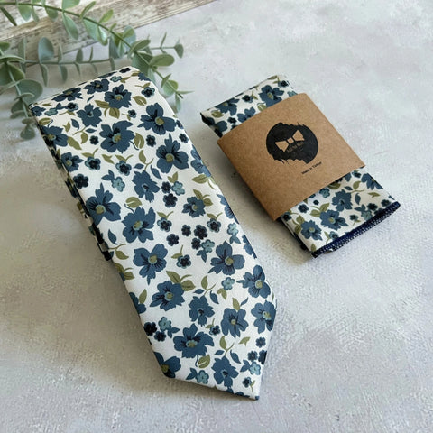 Dusty Blue Floral NeckTie, Ivory Background with Navy & Sage Green Botanical Print Tie