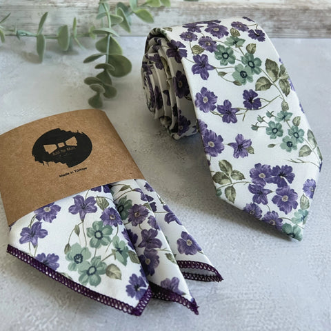 Purple and Sage Green Floral Tie on İvory Background, Ivory Botanical Necktie for Wedding, Groom, Groomsmen, Spring Garden Tie