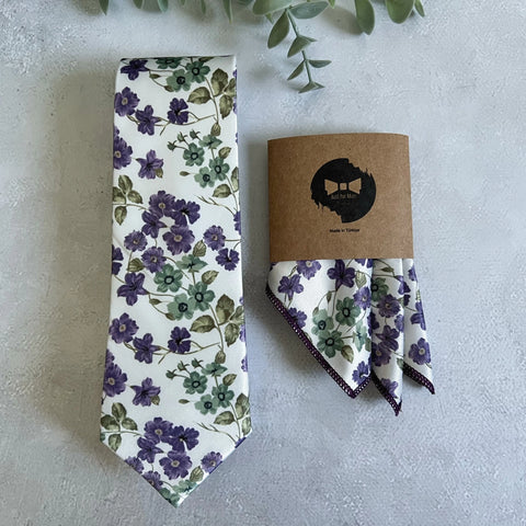 Purple and Sage Green Floral Tie on İvory Background, Ivory Botanical Necktie for Wedding, Groom, Groomsmen, Spring Garden Tie