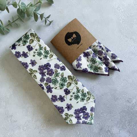 Purple and Sage Green Floral Tie on İvory Background, Ivory Botanical Necktie for Wedding, Groom, Groomsmen, Spring Garden Tie