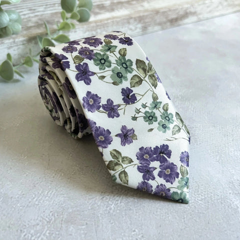 Purple and Sage Green Floral Tie on İvory Background, Ivory Botanical Necktie for Wedding, Groom, Groomsmen, Spring Garden Tie