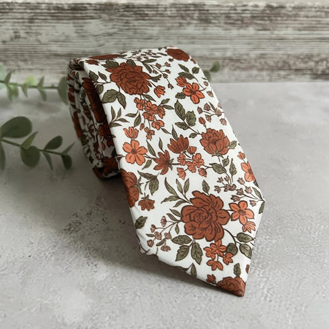 Burnt Orange Floral Necktie, Autumn Wedding Groom Accessory, Rust Brown Pattern, Handmade Men’s Tie