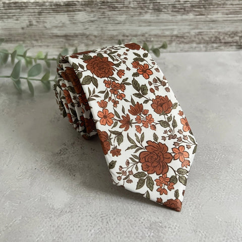 Burnt Orange Floral Necktie, Autumn Wedding Groom Accessory, Rust Brown Pattern, Handmade Men’s Tie